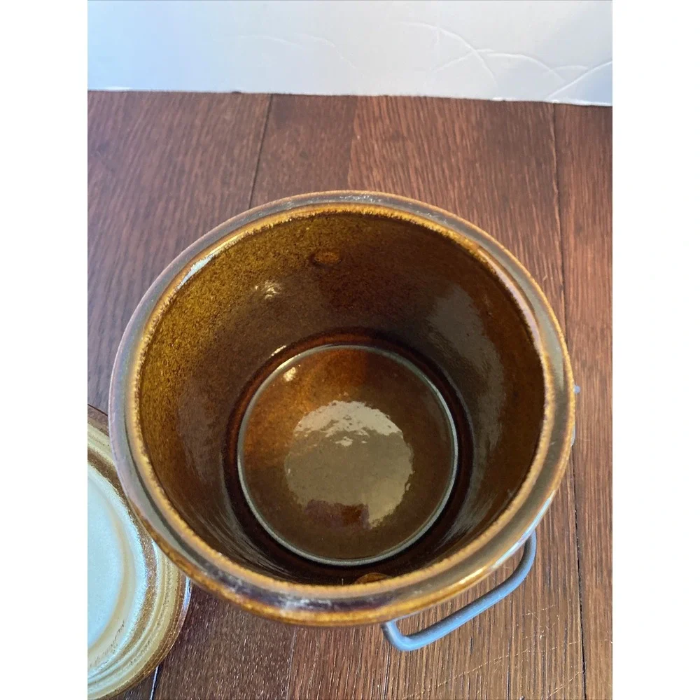 Vintage Cheese Crock with Locking Wire‎ Bail Lid Dark Brown Glaze Jar